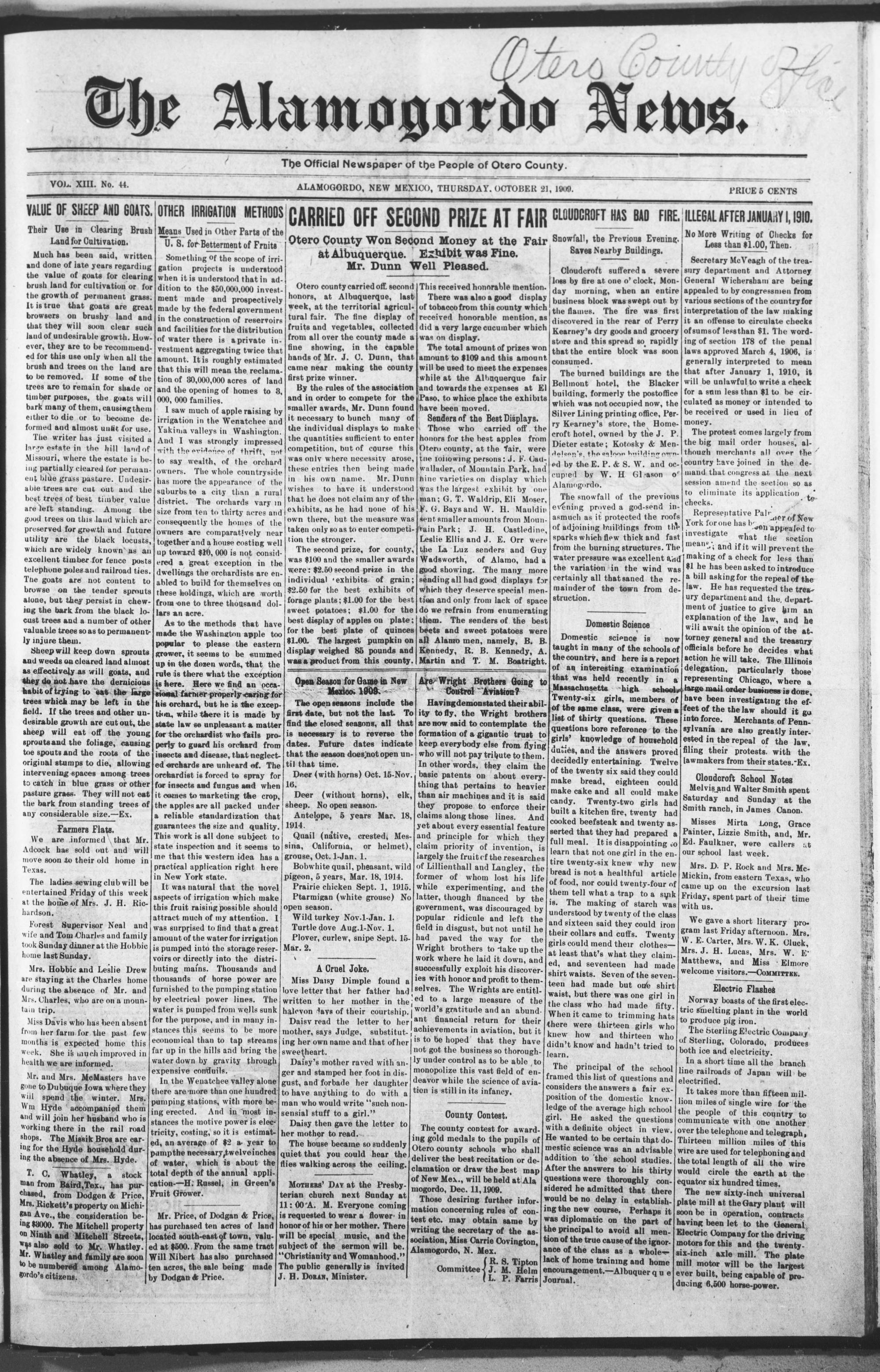 The Alamogordo News (21 October 1909, Page 1)
