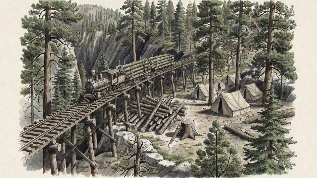 An ink and wash drawing of a logging railway: a curving timber trestle in a pine canyon, a small locomotive with two flatcars of logs, hewn ties, a crosscut saw on a stump, canvas tents among the trees.