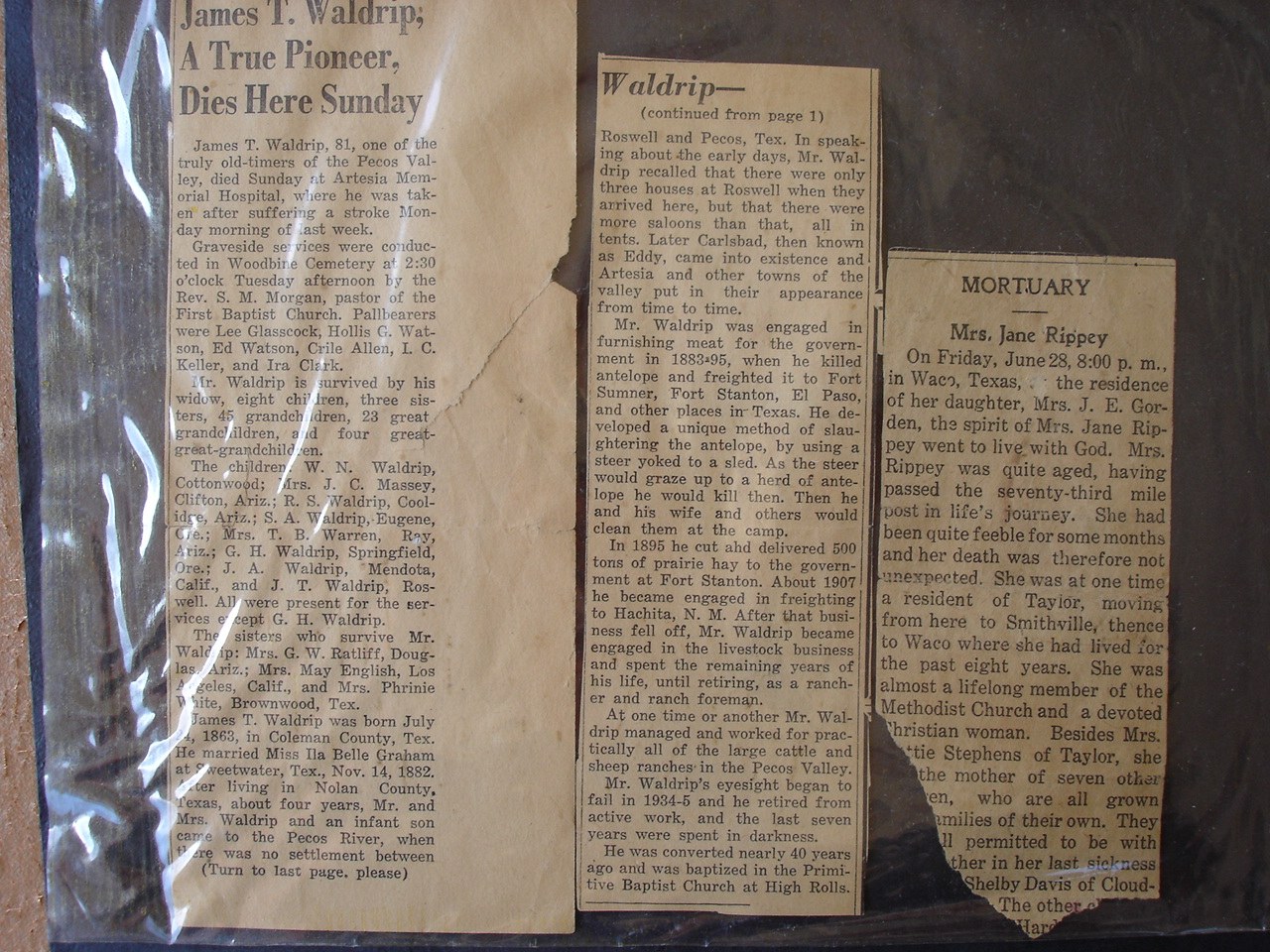 Newspaper obituary clipping for early pioneer James T. Waldrip