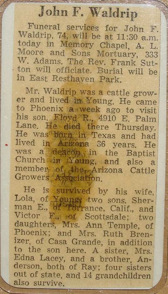Newspaper obituary clipping for John Franklin Waldrip