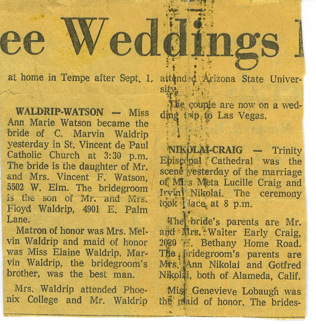 Newspaper wedding announcement for Waldrip and Watson marriage